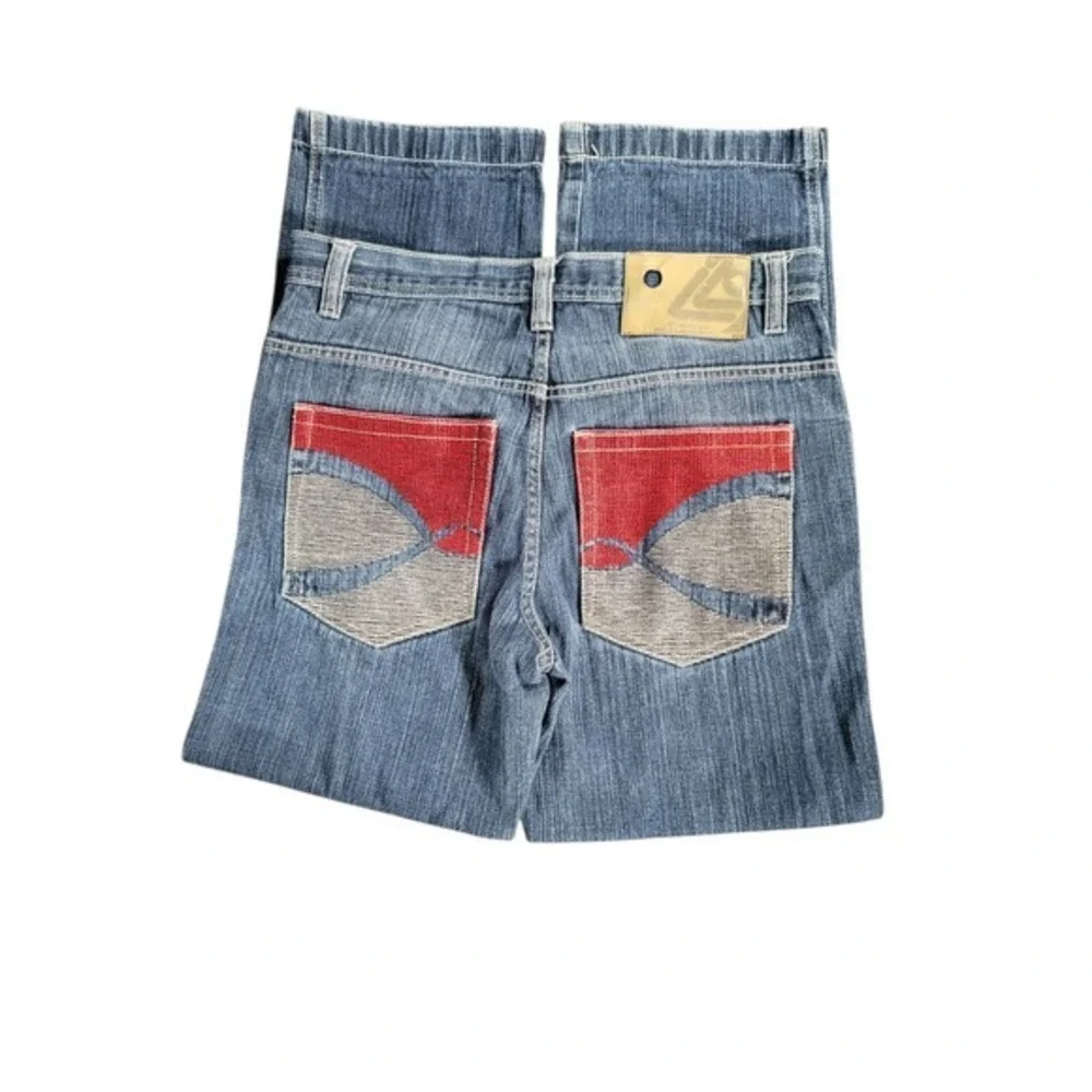 Lot 29 World Class Denim Vtg Embroidered Pocket Distressed  Red Graphic Jeans 32